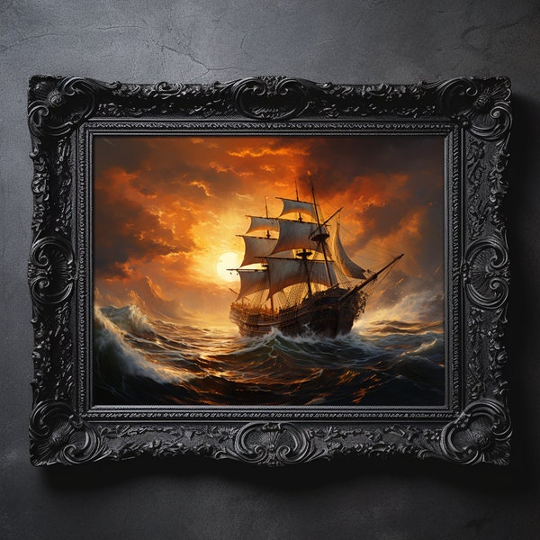 Ship Painting, Sailing Wall Art, Sunset Print, Nautical Poster, Seascape Oil Painting, Vintage Ship, Home Decor, Housewarming Gift Idea