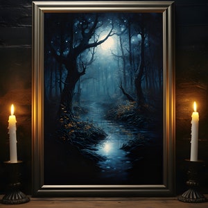 Mystical Forest Poster, Enchanted Moonlight Print, Dark Fantasy Wall Art, Gothic Home Decor, Great Gift For Anyone, Bewitching Oil Painting