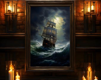 Through the Storm Art Print, Ship Oil Painting Print, Art Poster Print, Vintage poster, Home Decor, Gothic Victorian