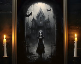 Little Goth Girl, Gothic Home Decor, Dark Academia, Gothic Wall Art, Dark Surrealism, Dark Art Print, Spooky Poster, Halloween Print