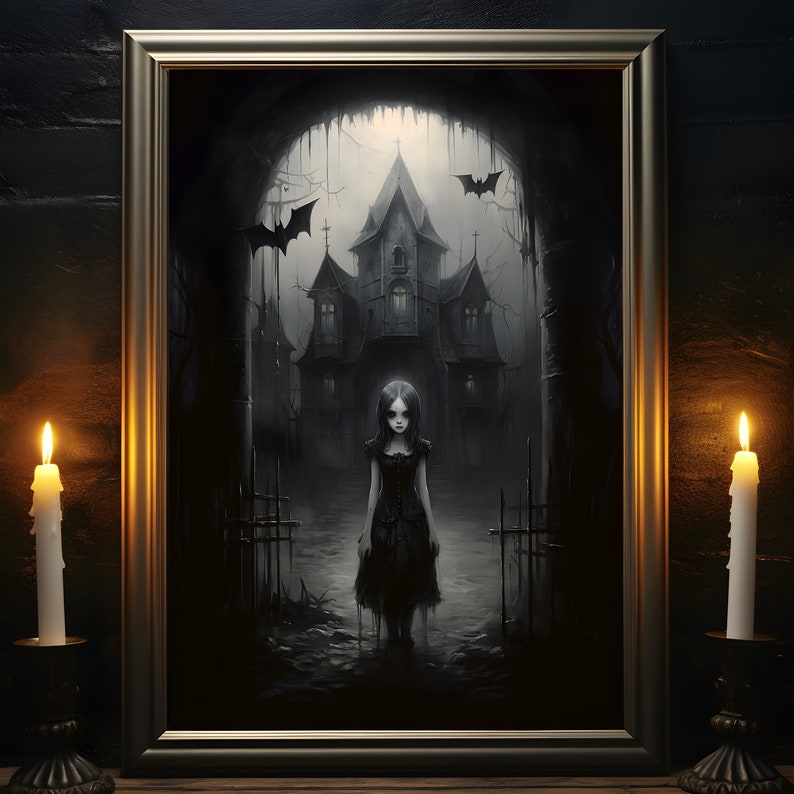 May include: A black and white illustration of a young girl standing in front of a dark, gothic house. The girl is wearing a black dress and has long, dark hair. The house is surrounded by trees and has a spooky atmosphere.