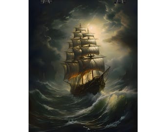 Velero en tormenta, impresión de pintura al óleo de barco, arte náutico, impresión de póster artístico, decoración del hogar, pintura de paisaje marino