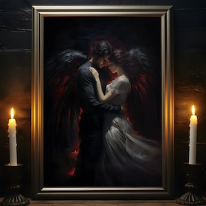 Verliebt in die Dunkelheit, Dark Angel Druck, Engel Gemälde, Dark Home Decor, Dark Academia, Gothic Wandkunst, Gothic Romanze, Gothic Geschenk