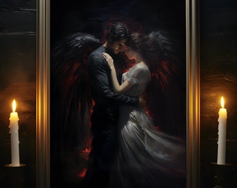 In Love With The Darkness, Dark Angel Print, Angel Painting, Dark Home Decor, Dark Academia, Goth Wall Art, Gothic Romance, Gothic Gift