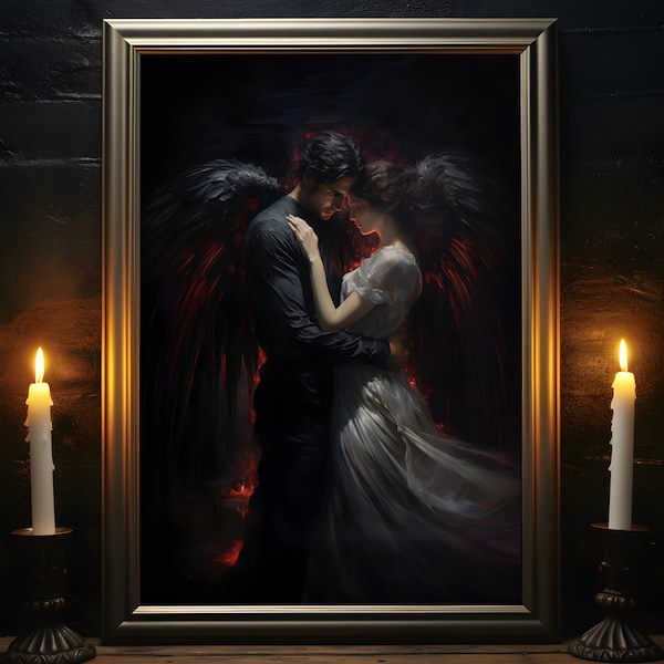 In Love With The Darkness, Dark Angel Print, Angel Painting, Dark Home Decor, Dark Academia, Goth Wall Art, Gothic Romance, Gothic Gift