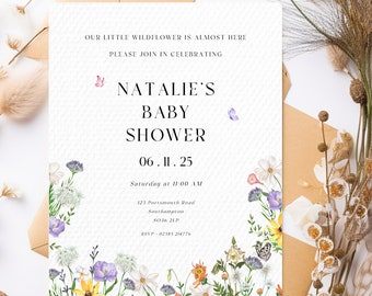 Wildblumen Baby Shower Einladung Vorlage | Bearbeitbares Canva Design