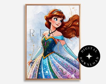 May include: A framed digital art print of a princess in a blue and green gown with a floral design. The princess has long auburn hair, a tiara, and a necklace. The print has a gold frame and the words "DIGITAL DOWNLOAD" in a black circle.