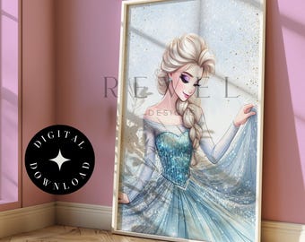 May include: A digital illustration of a princess in a blue and silver gown with a sparkling background. The princess has long blonde hair and blue eyes. The image is framed in a white frame.