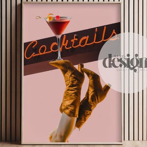 Arte mural preppy / Póster de cócteles / Arte mural imprimible / Decoración para carrito de bar / "Vaqueras y cócteles"