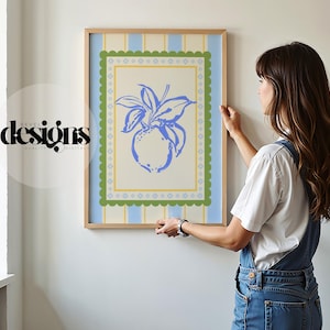 Art mural botanique vintage bleu citron | Art grand millénaire | Style Nancy Meyers | Cottagecore côtier | Numérique téléchargeable