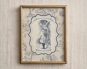 Könnte beinhalten: Ein gerahmter Druck mit einem blauen und weißen Design, das ein Mädchen zeigt, das eine Katze in einem Baum hält. Der Druck ist von einem goldenen Rahmen umgeben.