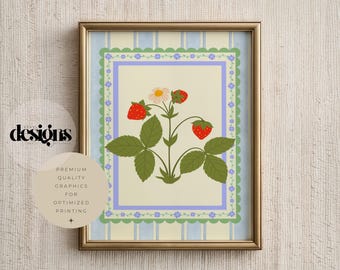Vintage botanische print aardbei: Grandmillennial Kitchen Art (digitale download)