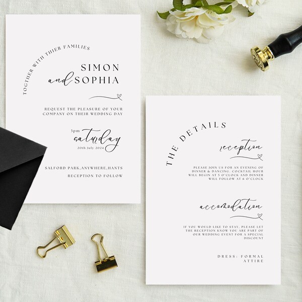 Minimal Wedding 8xBundle Invites with QR Code, Neutral Wedding Invite Suite, Modern Invite, Simple Editable Invite Template Seating Plan