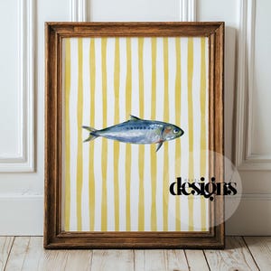 Striped Sardine Wall Art | Fisherman Aesthetic Digital Print | Yellow Coastal Kitchen Decor | Watercolor Ocean Fish Printable