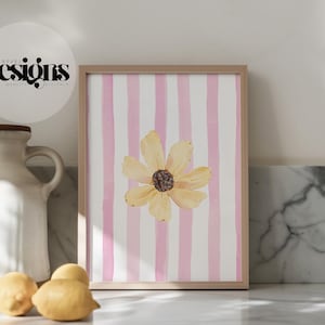 Watercolor Sunflower Wall Art | Pink Striped Print | Nancy Meyers Floral Printable | Grandmillennial Art | Cottagecore Prints