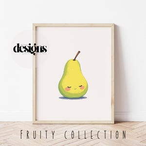 Cute Pear Wall Art Printable – Kawaii Fruit Art for Nursery, Kitchen, Playroom or Baby Room | Blushing &#39;Penelope Pear&#39; Digital Download