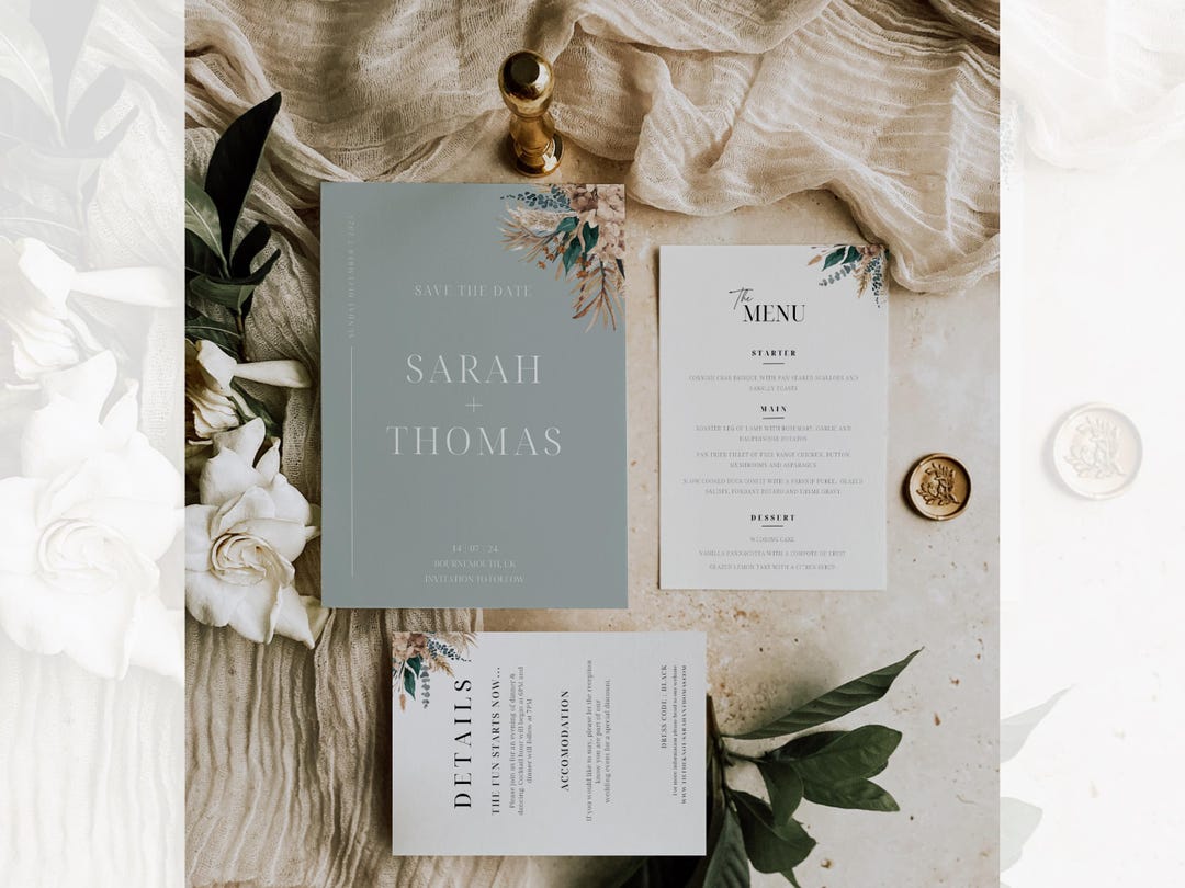 Plantilla de paquete de invitación de boda rústica bohemia en verde salvia  / Canva editable - Etsy México, image size:1080x810