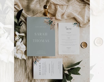 Sage Green Rustic Boho Wedding Invitation Bundle Template | Canva Editable