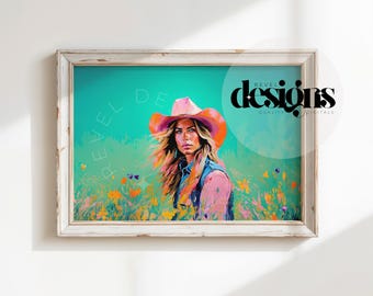 May include: A woman with long blonde hair wearing a pink cowboy hat and a denim jacket stands in a field of colorful flowers. The background is a turquoise blue.
