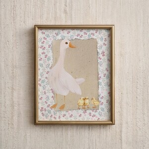 3 Chick Vintage Mãe Pato Impressão | Pintura Vintage Abstrata | Decoração Cottagecore | Arte de Parede Imprimível