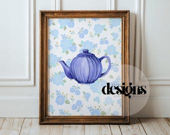 Lámina artística de acuarela de tetera azul: Decoración floral estilo cottagecore para cocina (descarga digital)