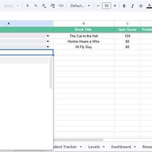 May include: A digital spreadsheet interface featuring a student tracker with columns for Student Name, Book Title, Quiz Score, Points Earned, and Notes. A dropdown menu is open in cell A5, displaying a list of names including Emma, Liam, and Sophia.