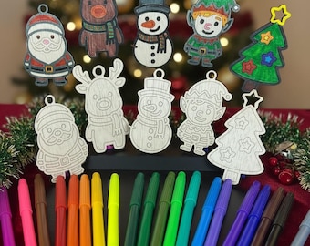 Adornos navideños DIY grabados en madera: juego de 5 (7,6 cm) + marcadores para colorear incluidos