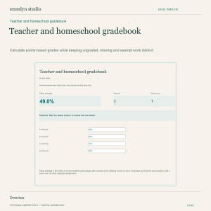 Może przedstawiać: Cyfrowy szablon programu Excel zatytułowany Teacher and homeschool gradebook od emmlyn studio. Interfejs wyświetla średnią klasy 49,0%, liczbę uczniów, brakujące prace oraz konfigurowalne progi ocen dla liter A, B, C i D.