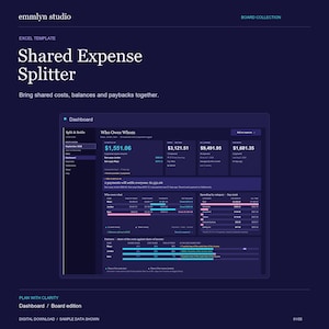 Op de afbeelding: Een Excel-sjabloon getiteld Shared Expense Splitter van emmlyn studio. De donkerblauwe interface toont een dashboard met financiële gegevens, waaronder Who Owes Whom, uitgaven per categorie en grafieken met accenten in talingroen, roze en paars.