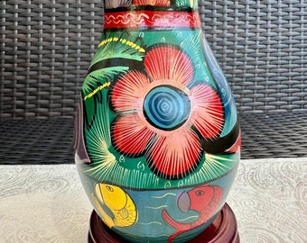 Mexican Hand Painted Vintage Red Clay Pottery Vase Fish & Flowers Design, 8'' Tall