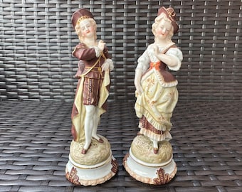 Pair of Extremely RARE Antique German Ernst Bohne Söhne (1878 -1920) Hand-painted Porcelain Figurine Couple, 7&#39;&#39; High, Collectible