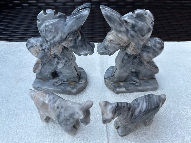 Figurines d'âne et serre-livres vintage rares en pierre d'onyx gris, 4 pièces, sculptés à la main image 7