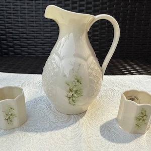 Rare Set of 3 NEW Hand Painted Irish DONEGAL PARIAN Hawthorne Porcelain Milk Jug/ Floral Vase Pitcher & Napkin Rings, Collectibles