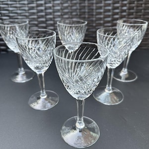 RARE Beautiful Set of 6 MCM Cut Crystal Wine Glasses with Polished Spiral Cut, Multisided Stem, 5 1/4 in, Perfect Condition