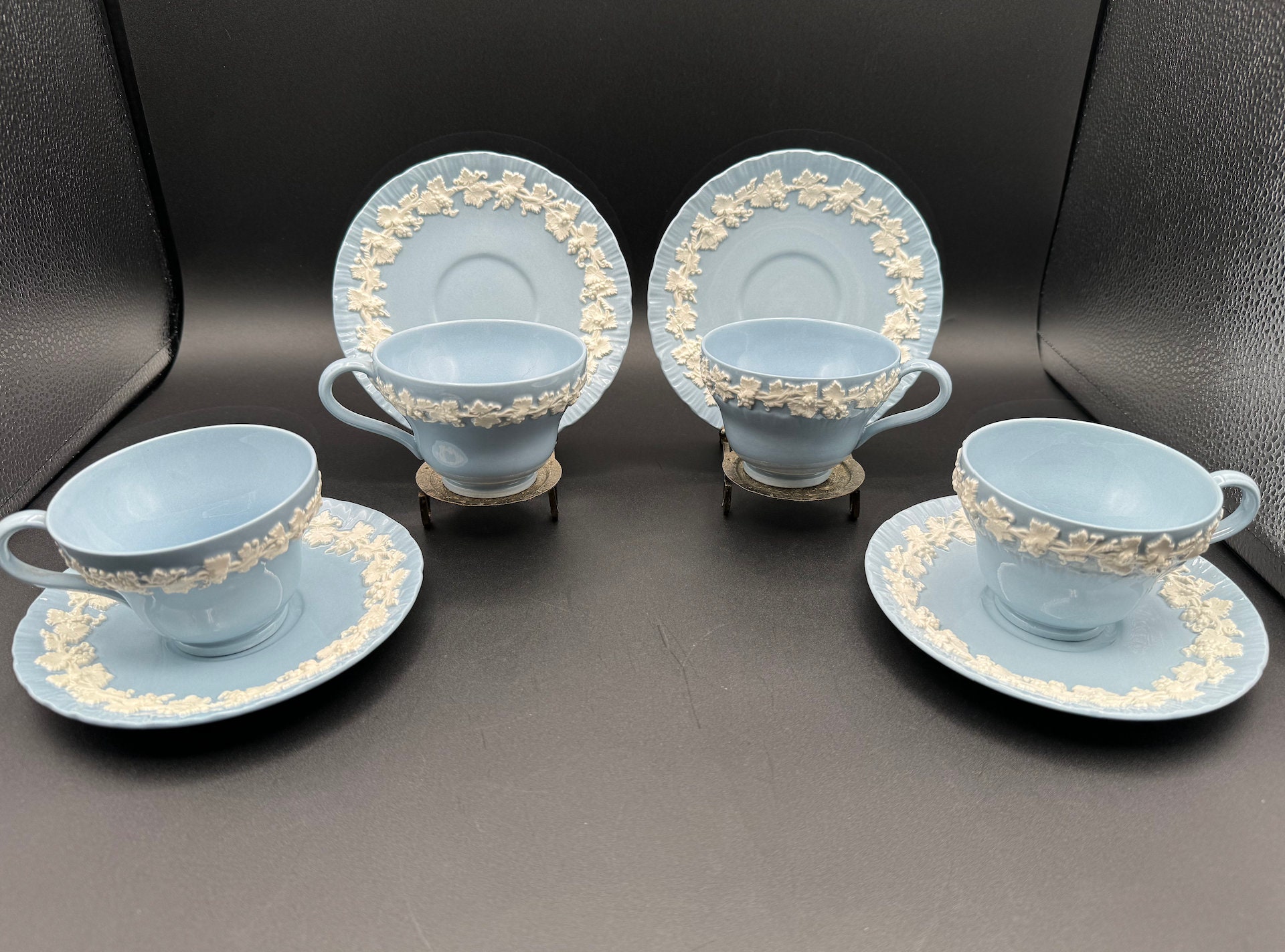 Beautiful Set of 4 WEDGWOOD Embossed Queen's Ware Footed Cup & Saucer Sets, Cream Color on Lavender Blue(Shell Edge), PRISTINE Condition