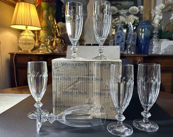 SELTENE Set mit 6 Original Boxed Wunderschöne VILLEROY & BOCH Bernadotte Handgeschliffene Kristall 7 &#39;&#39;H Geriffelte Champagner Gläser, handgefertigt in Deutschland