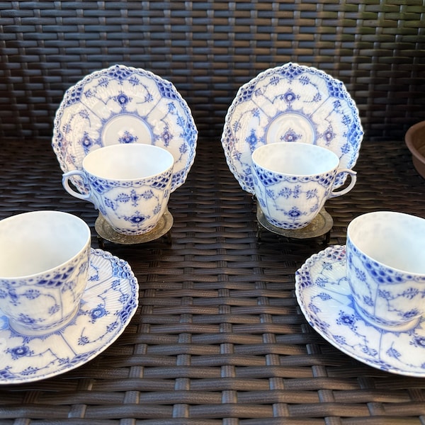 Extremely RARE Beautiful ROYAL COPENHAGEN Set of 4 Blue Fluted Full Lace Flat Cups & Saucers, Perfect Condition, Superb Gift!