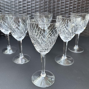 RARE Stunning Set of 6 MCM Cut Crystal Red Wine Glasses / Water Goblets w/Polished Spiral Cut, Multisided Stem, 6 3/4 in, Pristine Condition