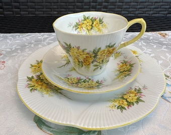 Trio Vtg ROYAL ALBERT English Bone China Blossom Time Series &quot;Laburnum&quot; Teacup, Saucer, &Salad Plate, Pristine Condition