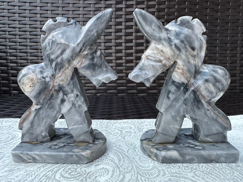 Figurines d'âne et serre-livres vintage rares en pierre d'onyx gris, 4 pièces, sculptés à la main image 6