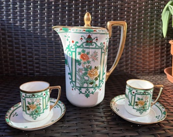 Äußerst seltenes, atemberaubendes, handbemaltes 5-teiliges Kaffee-/Teeservice von NIPPON im Vintage-Stil: Kaffee-/Teekanne mit Deckel, 2 Sätze flache Tassen und Untertassen, Minze