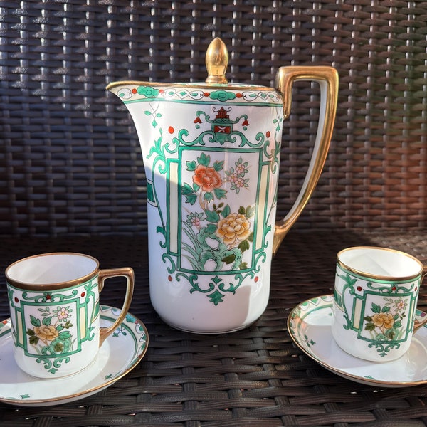 Extremely Rare Stunning HAND-PAINTED Vintage NIPPON 5-piece Coffee/Tea Set: Coffee/Tea Pot with Lid,  2 Sets of Flat Cups & Saucers, Mint