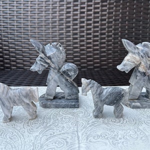 Figurines d'âne et serre-livres vintage rares en pierre d'onyx gris, 4 pièces, sculptés à la main image 4