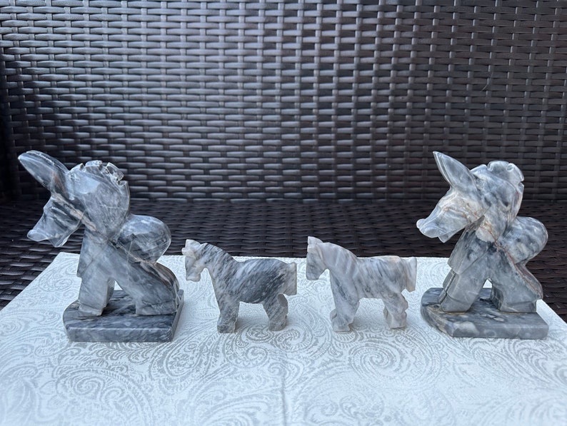 Figurines d'âne et serre-livres vintage rares en pierre d'onyx gris, 4 pièces, sculptés à la main image 3