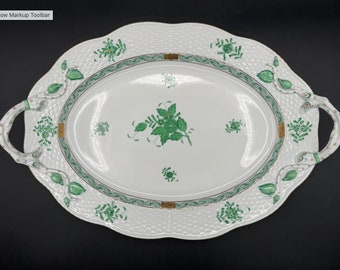 RARE Exceptional HEREND Chinese Bouquet Green (AV) 15" Hand-painted Oval Handled Platter,Accents of 24kt Gold,Pristine Condition,Collectible