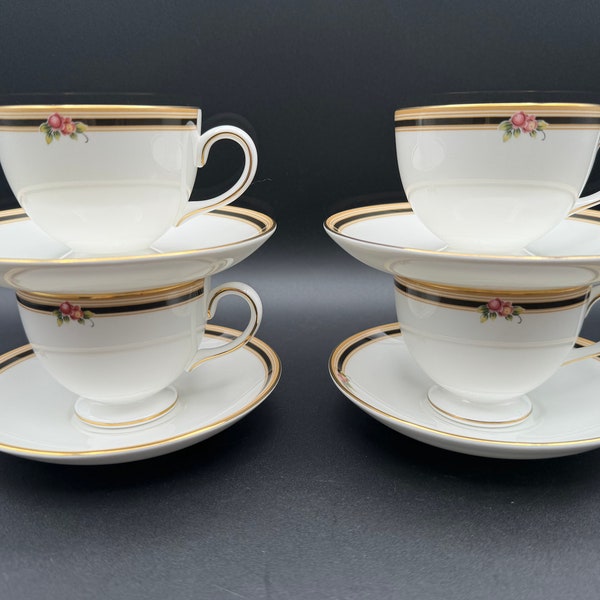 RARE Set of 4 WEDGWOOD Clio Leigh Shape Bone China Footed Cup & Saucer Sets, Made In England, Collectible, PRISTINE Condition