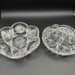 Rare Pair of Exquisite American Brilliant Period(ABP) Starburst Cut Crystal Bowls, 9.25&#39;&#39;Diam & 8&#39;&#39;Diam Each