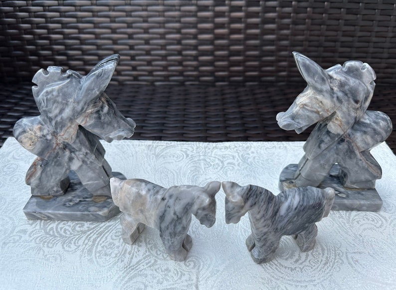 Figurines d'âne et serre-livres vintage rares en pierre d'onyx gris, 4 pièces, sculptés à la main image 2