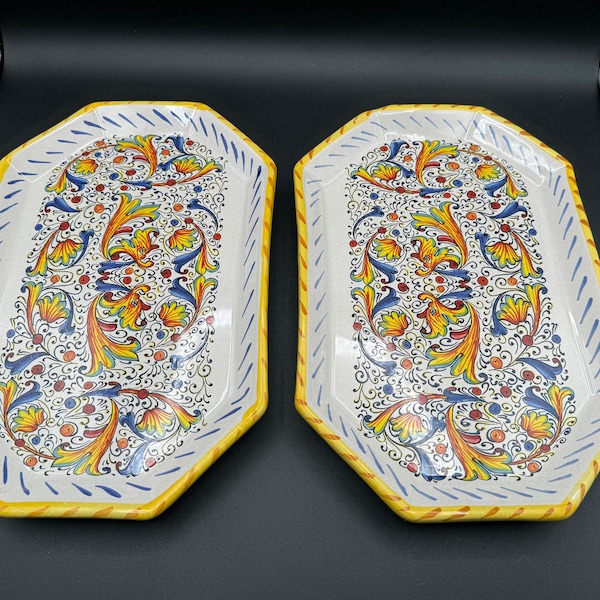 Rare Brand New Pair of 8.5"x13.5'' Handpainted MERIDIANA CERAMICHE (ITALY) MC61 Serving Platters, Multicolor Scrolls, Yellow/Orange Edge