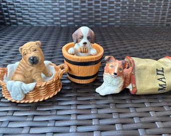 Charming 6 Vtg Piece PRINCETON GALLERY Playful Pups Porcelain Collection:"Special Delivery, Wrinkles, & Barrel Of Fun," Pristine Condition